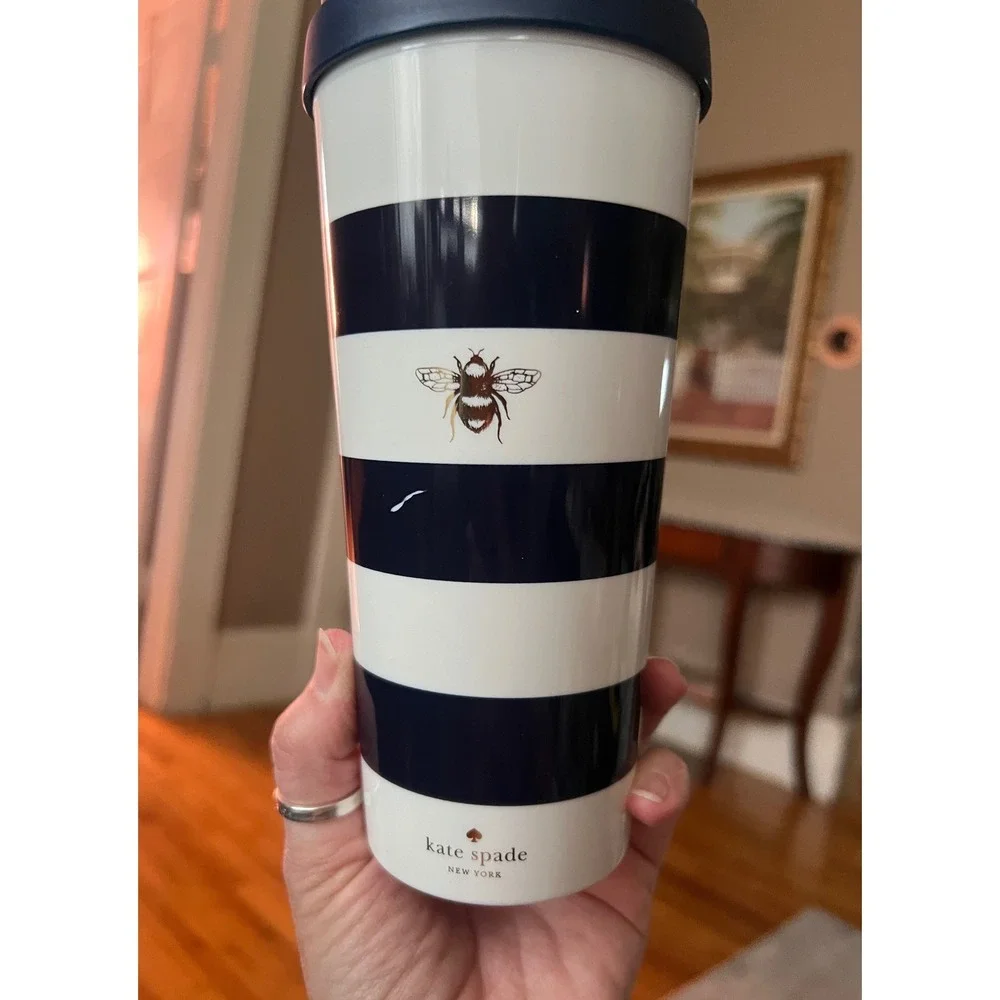 Kate Spade Travel Tumbler Unisex Navy White Good Bee Stripe Thermal Mug